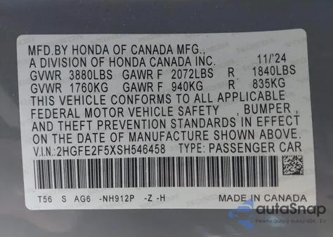 2025 Honda Civic Sport from USA, damaged, VIN 2HGFE2F5XSH546458